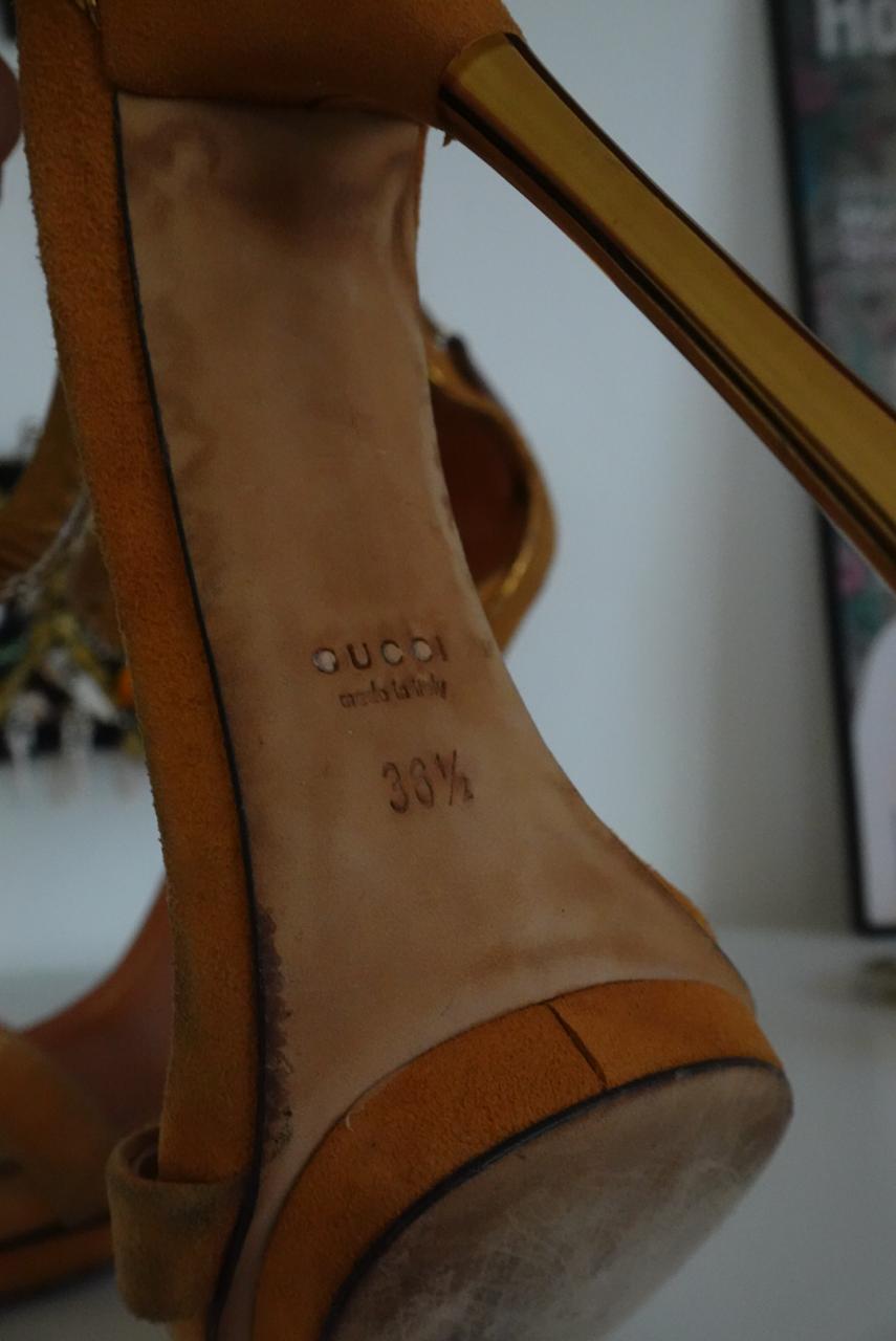 Gucci suede gold metallic python ankle strap heels