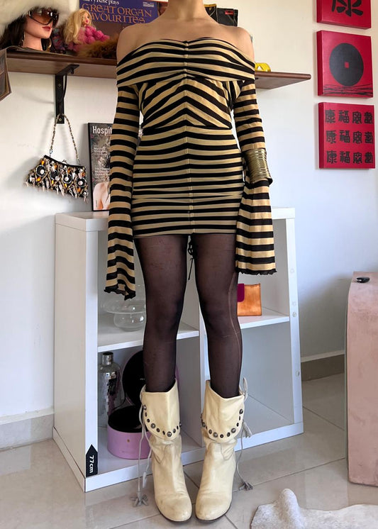 Striped mesh flowy sleeves off shoulder top/mini dress