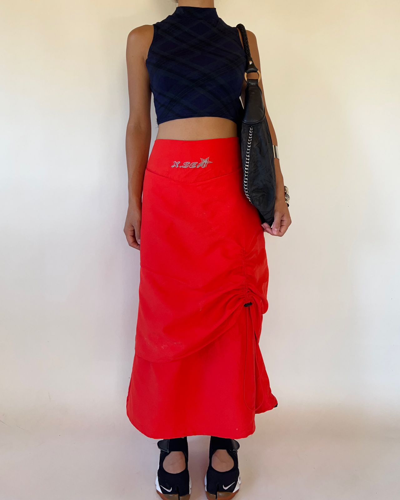 Y2k parachute ruched maxi red skirt