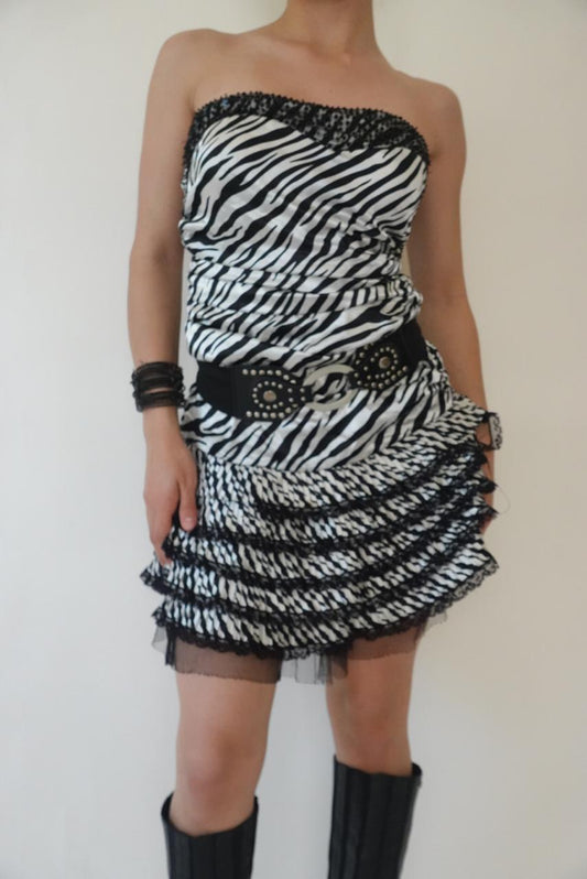 Zebra print y2k ruffled mini strapless dress