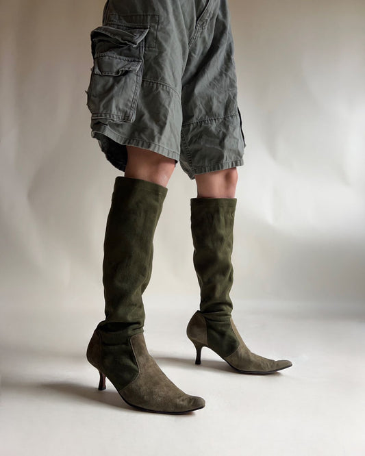 suede khaki knee high pointed heeled boots