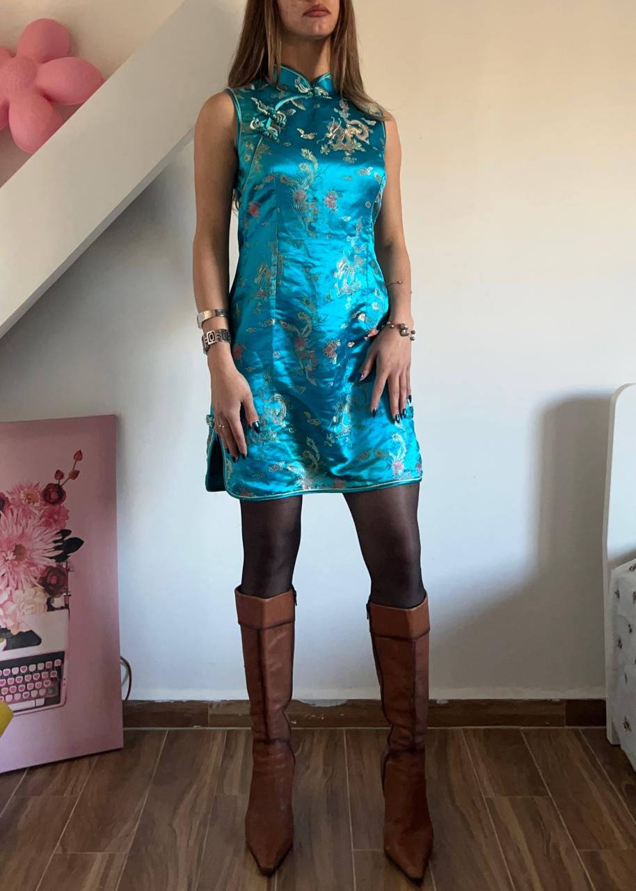 Dragon cheongsam blue mini dress