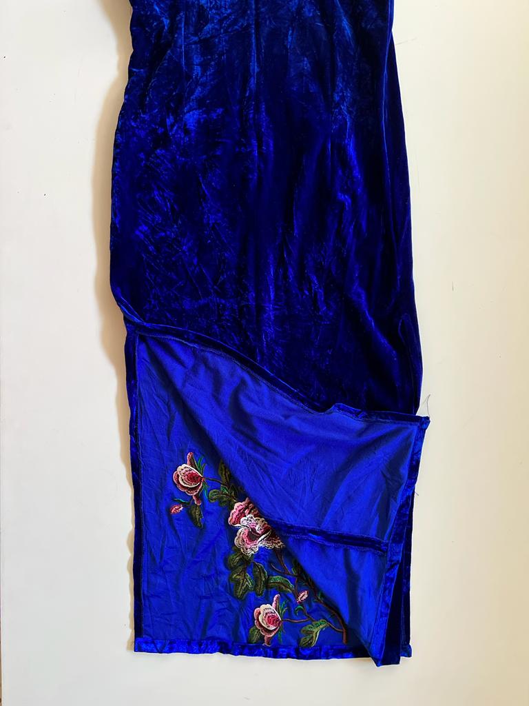 Cheongsam blue velvet maxi dress with slits