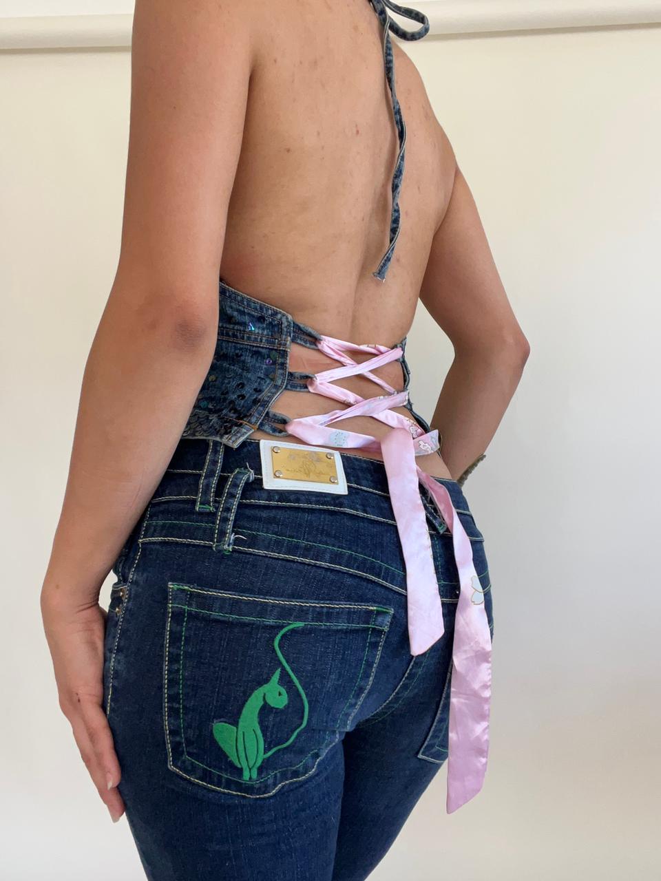 Y2k denim sequin halter backless top