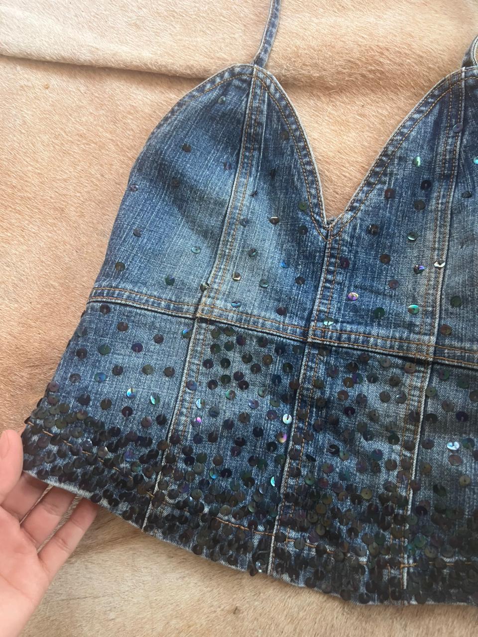 Y2k denim sequin halter backless top