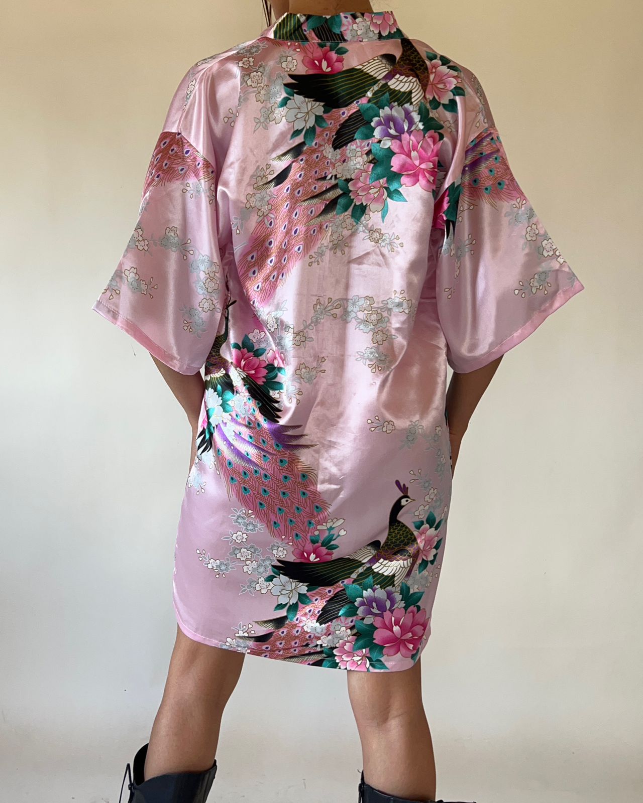 Pink peacock mini kimono as seen on Bella Hadid