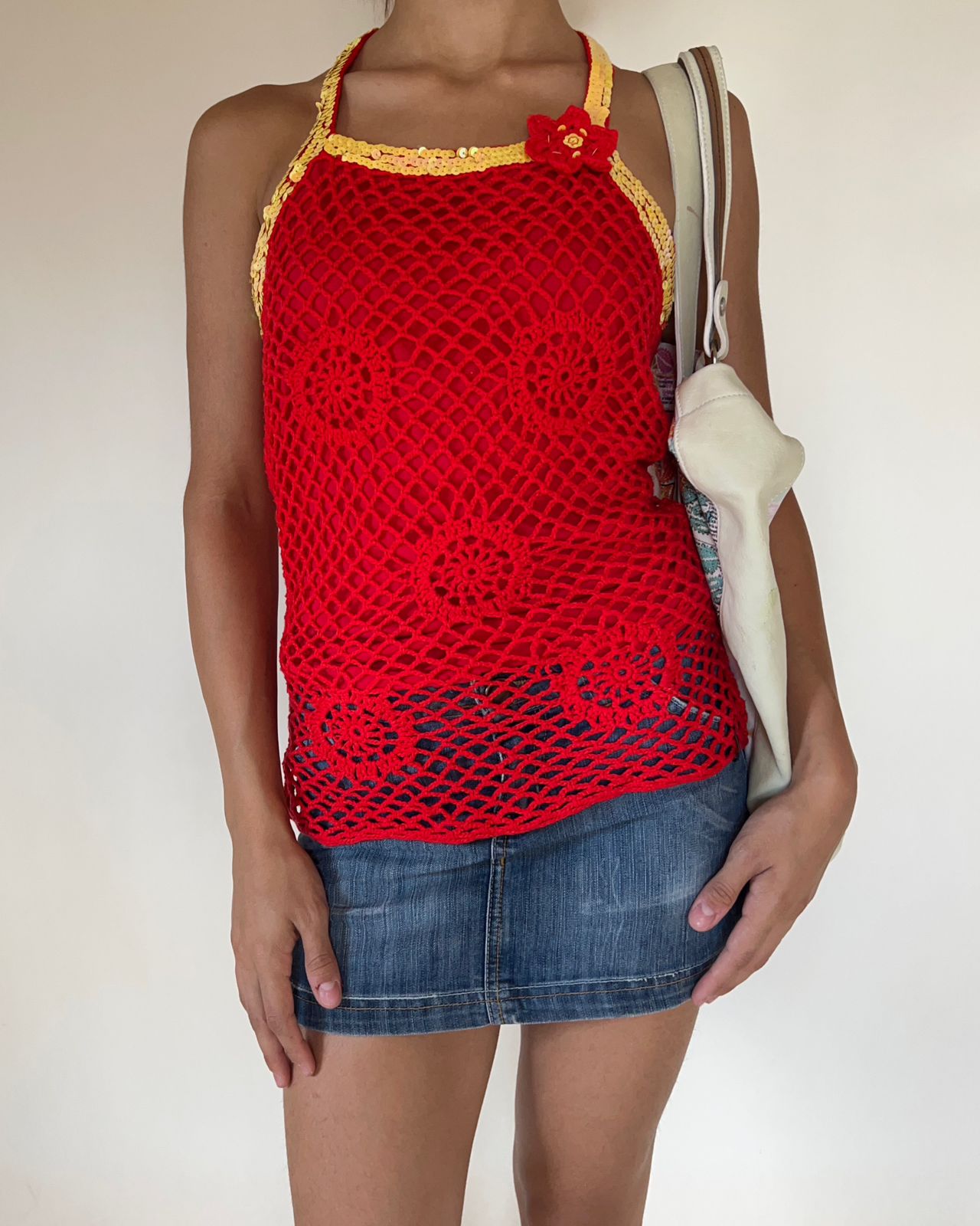 Guess red crochet halter top