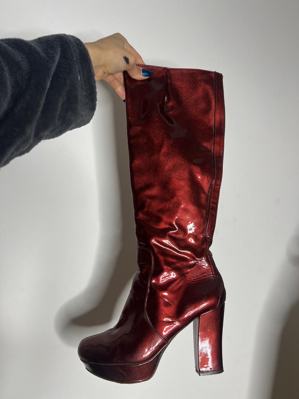 Pura Lopez red patent leather platform heeled boots