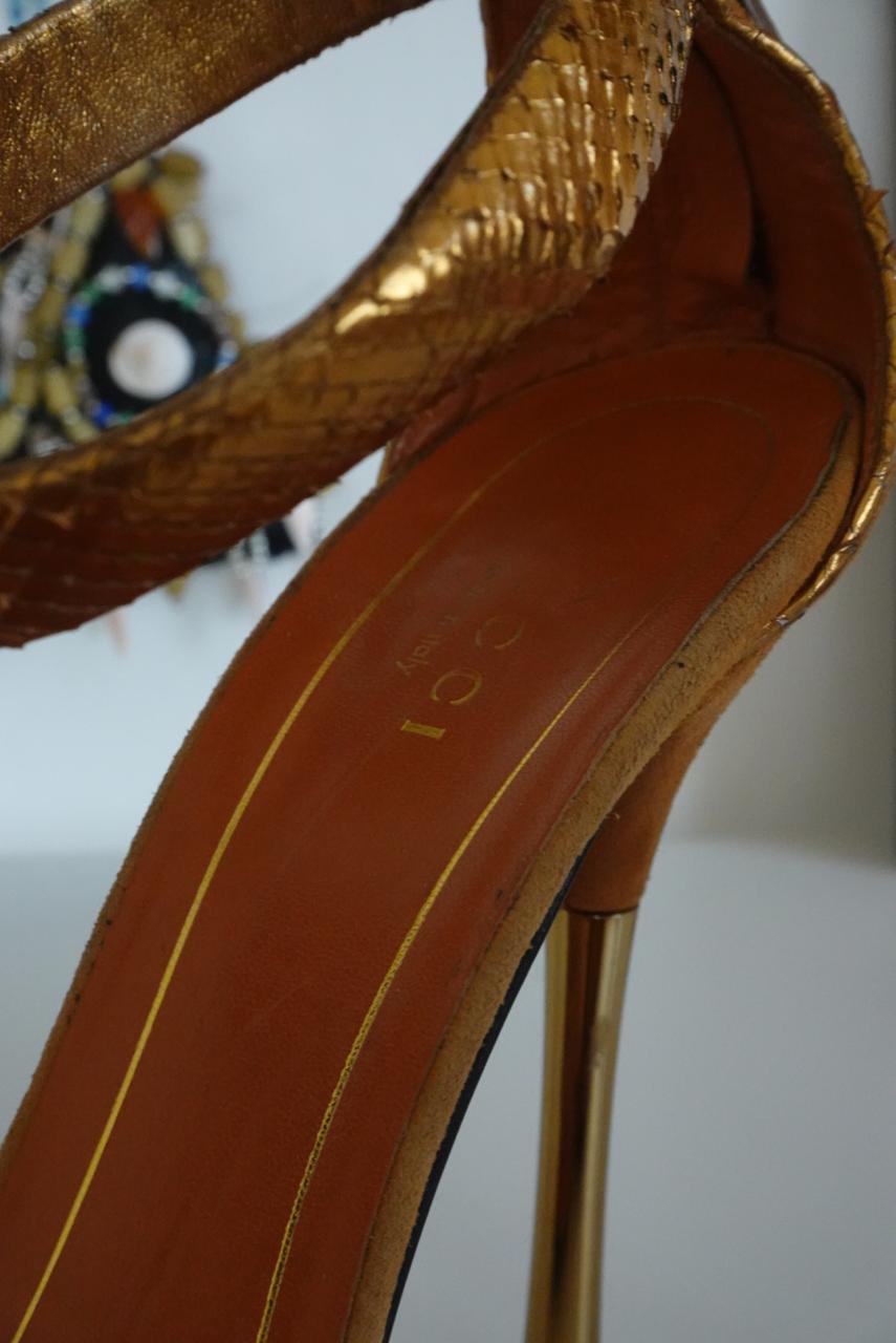 Gucci suede gold metallic python ankle strap heels