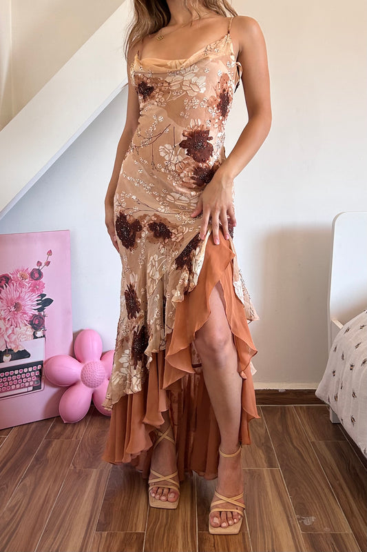 Vintage 90s ruffled brown floral beaded gown dress