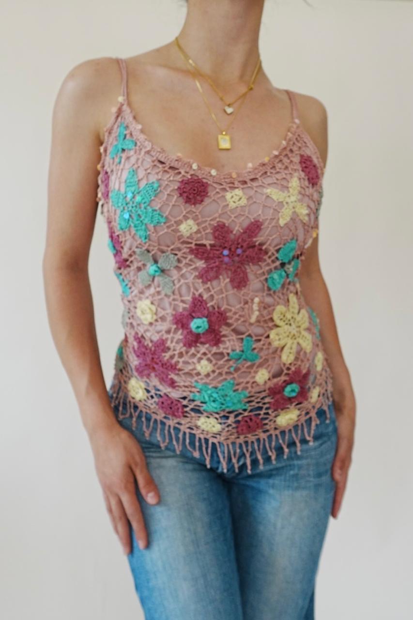 Vintage crochet fringed floral top