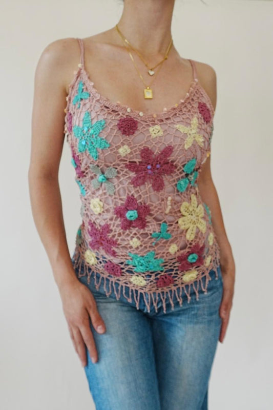 Vintage crochet fringed floral top