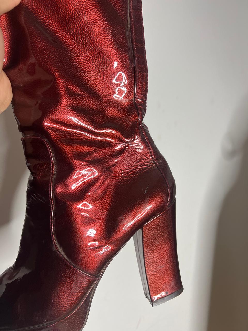 Pura Lopez red patent leather platform heeled boots