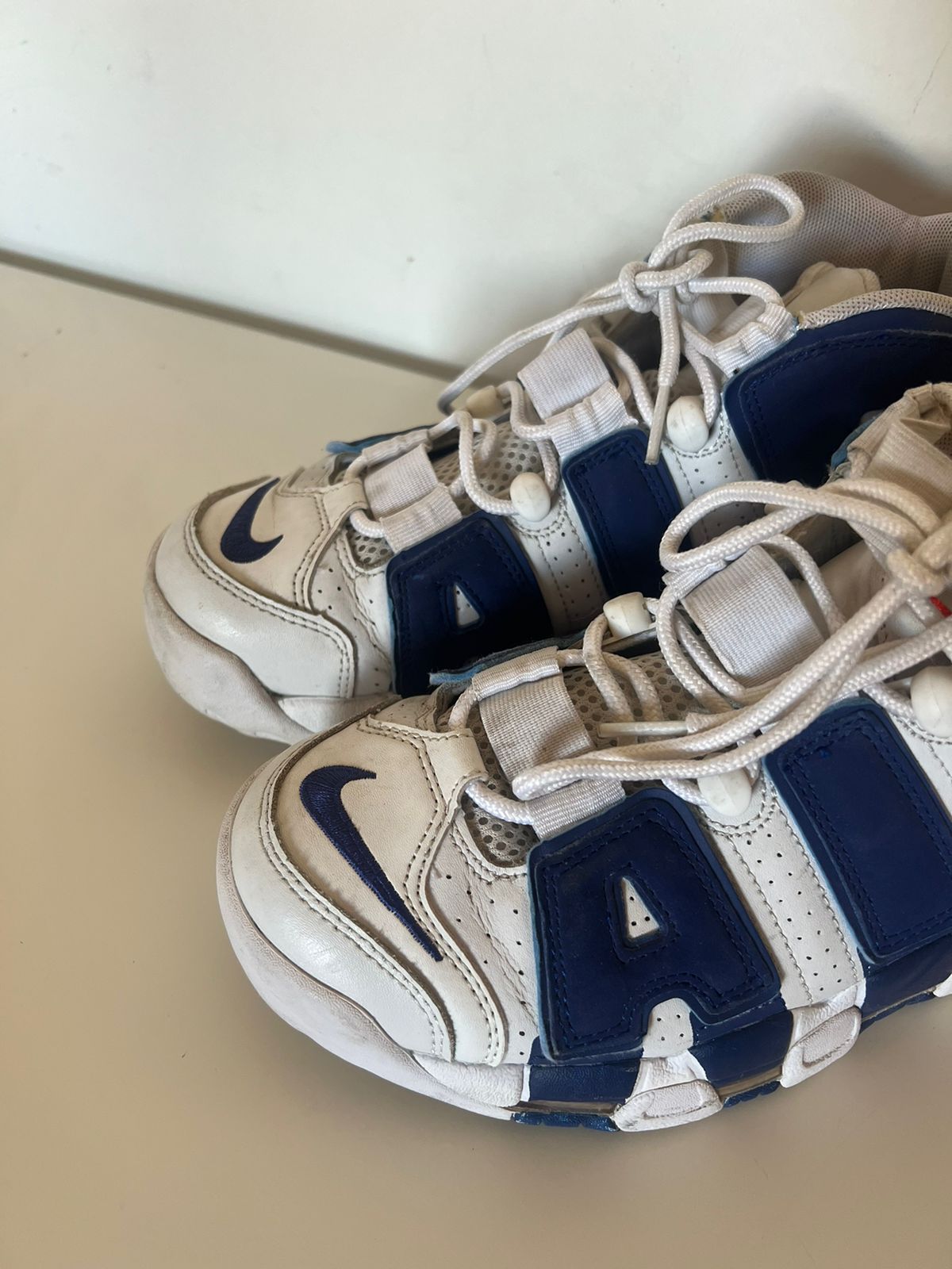 Nike air more uptempo white and blue shoes