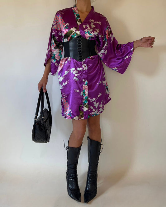 Purple peacock floral mini kimono