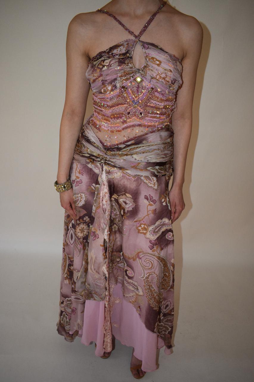 Vintage Cappuccini silk beaded halter gown dress