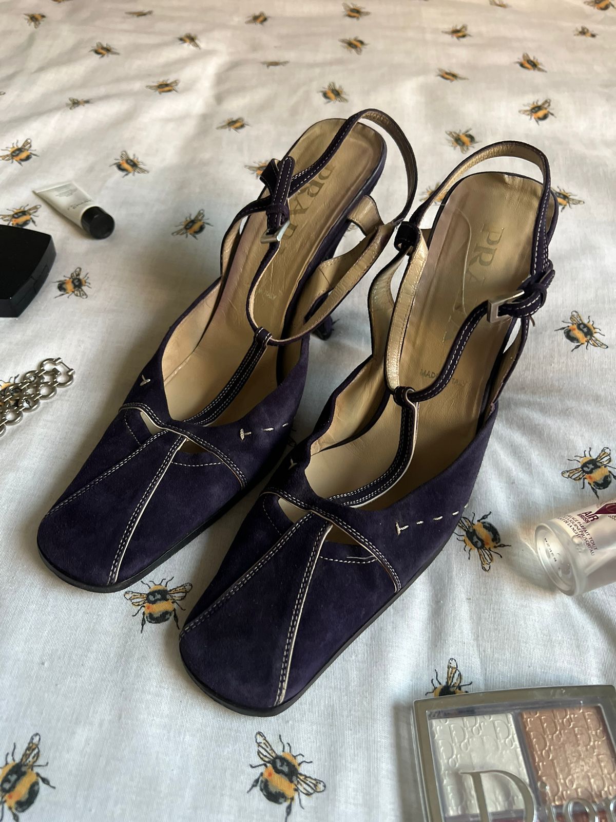 Vintage Prada suede purple square toe heels