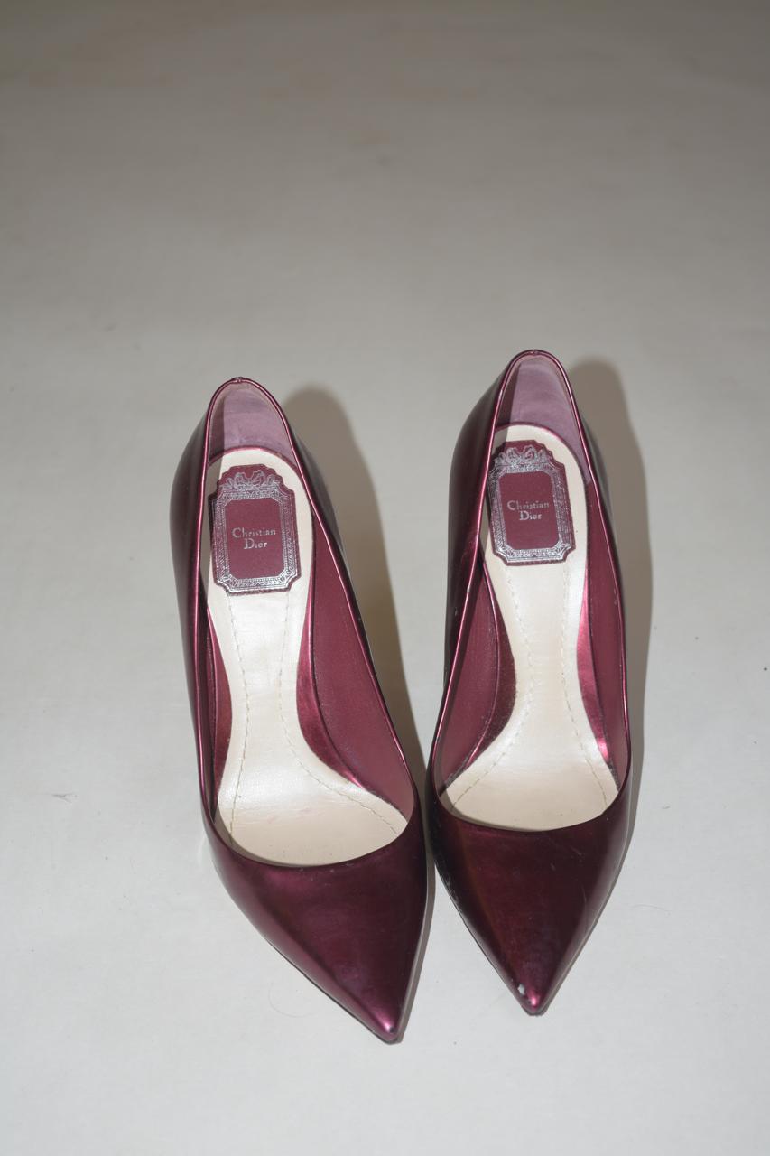 Dior metallic burgundy wedge pumps