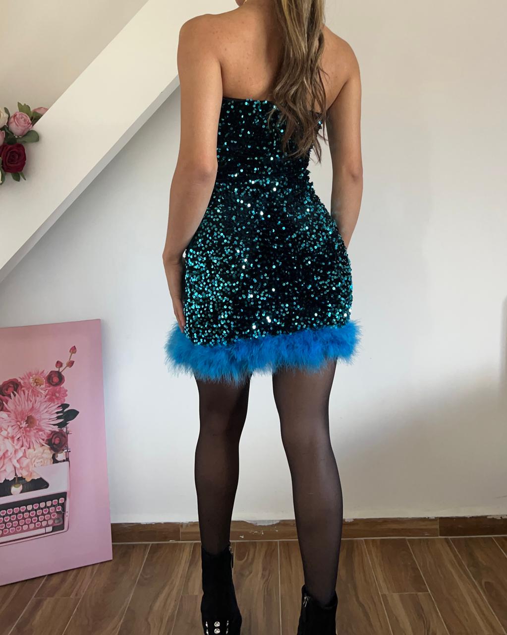 Sequin fuzzy mini strapless fitted dress