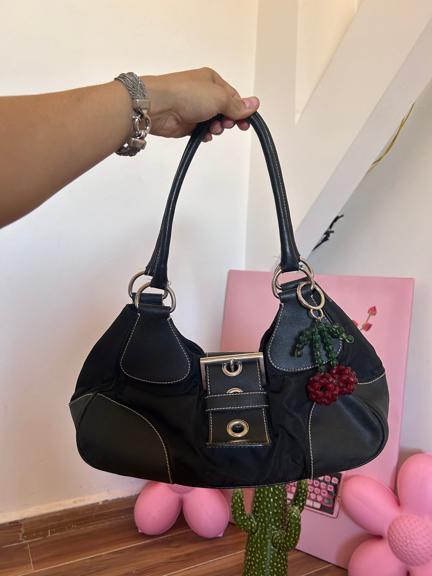 Prada Vintage nylon and leather moon bag