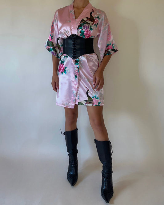 Pink peacock mini kimono as seen on Bella Hadid