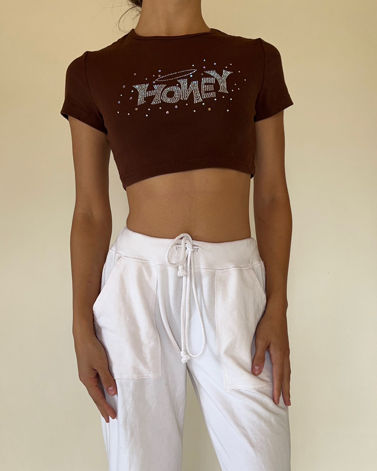 "Honey" gems cropped brown top