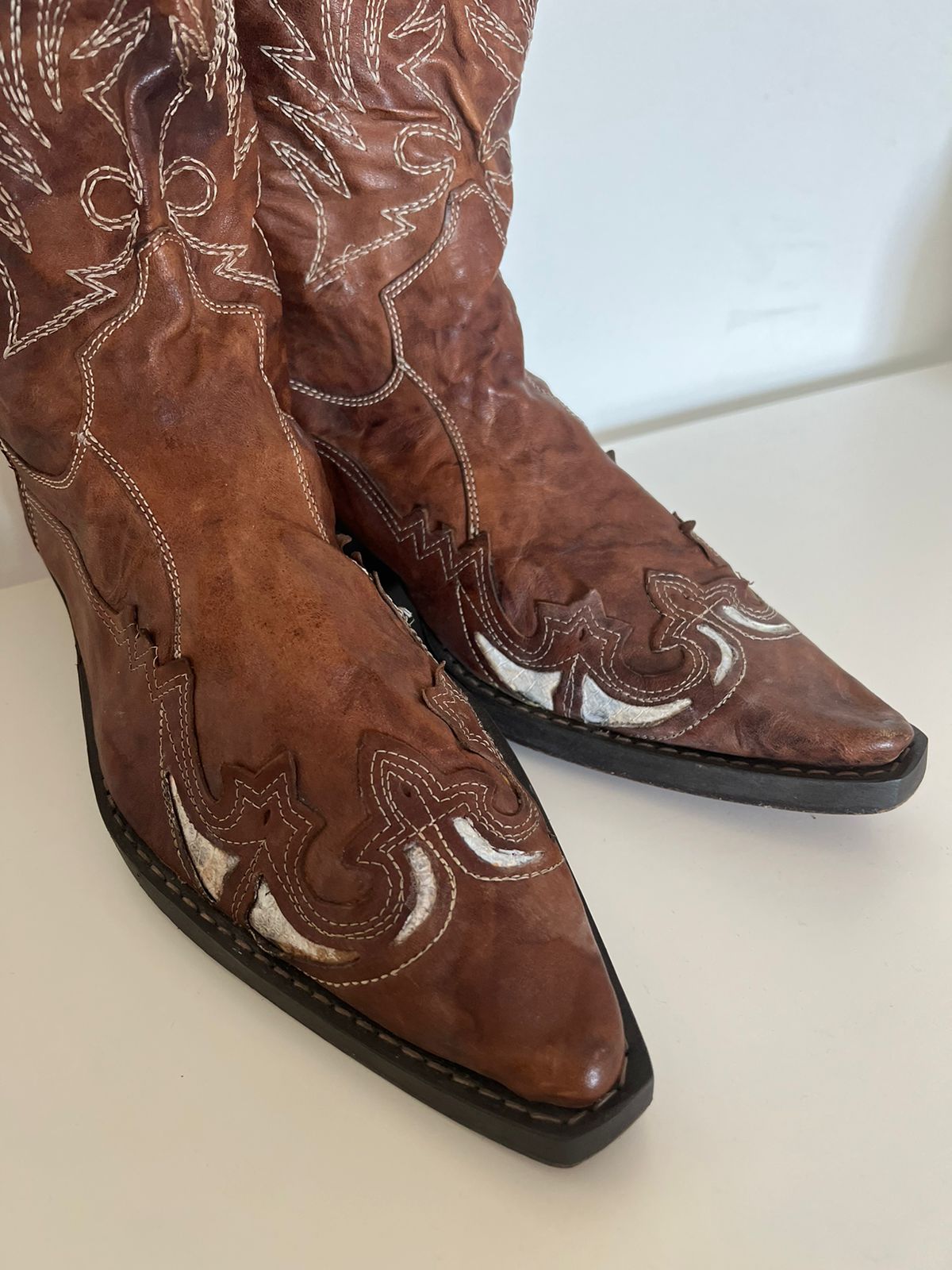 Cowboy leather snake pointy boots