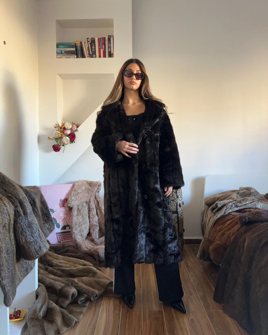 Faux black long fur coat