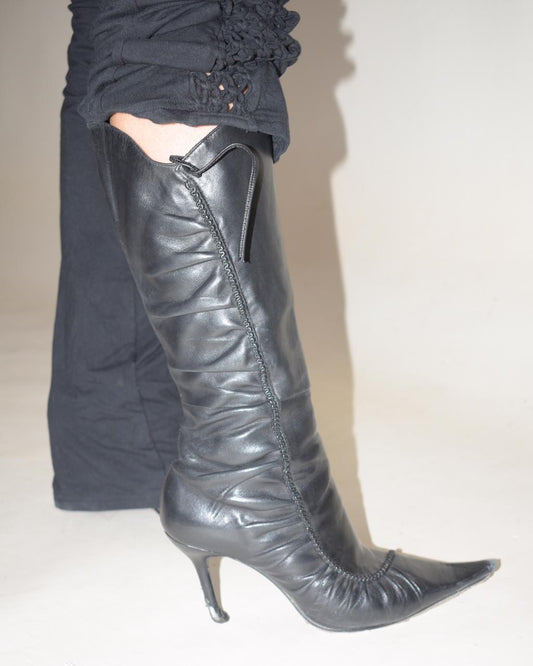 Dune black leather pointed heeled boots