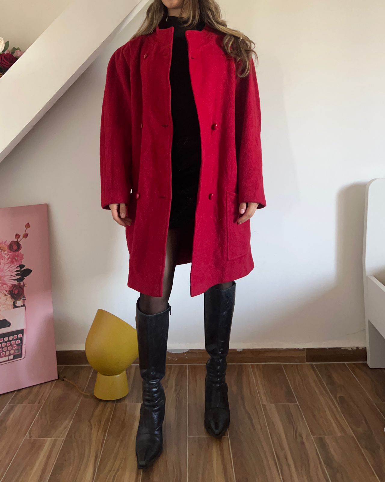 Vintage cherry red wool midi coat