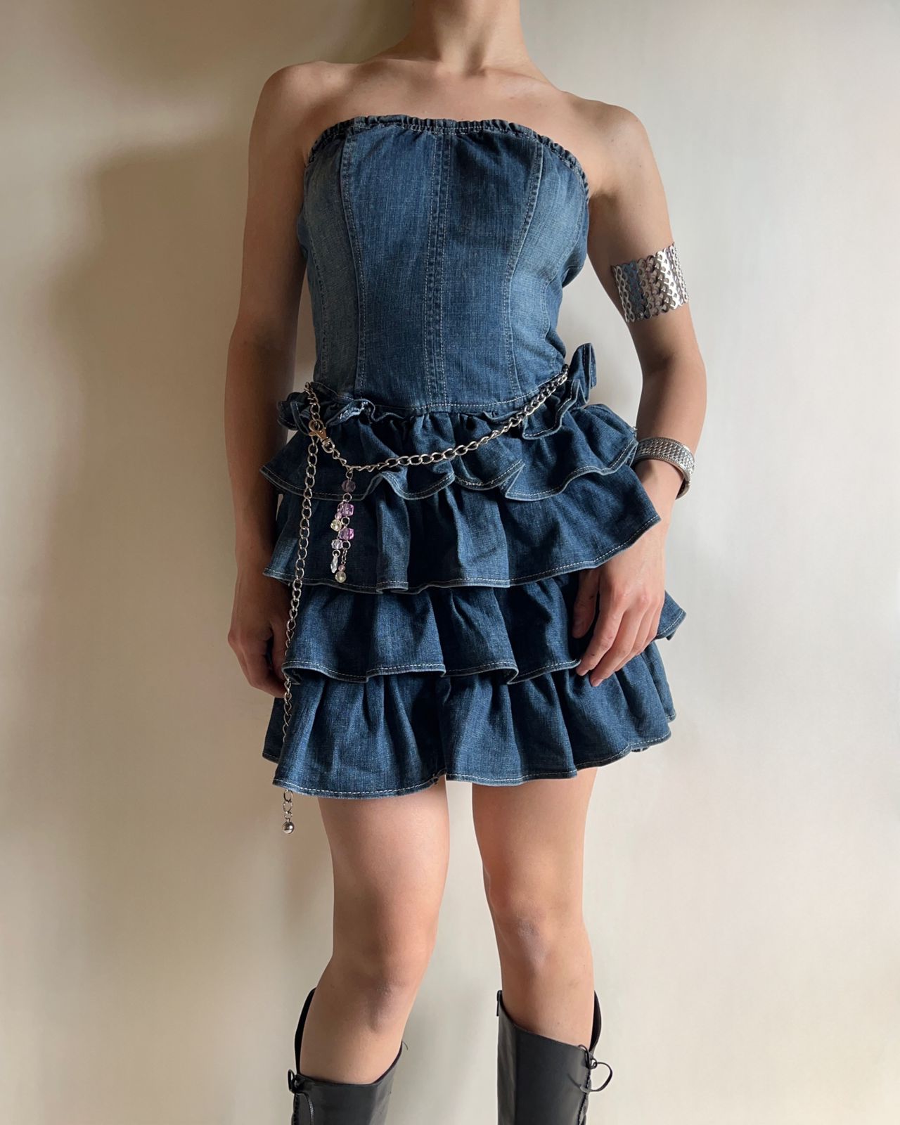 Denim ruffled no sleeve mini dress