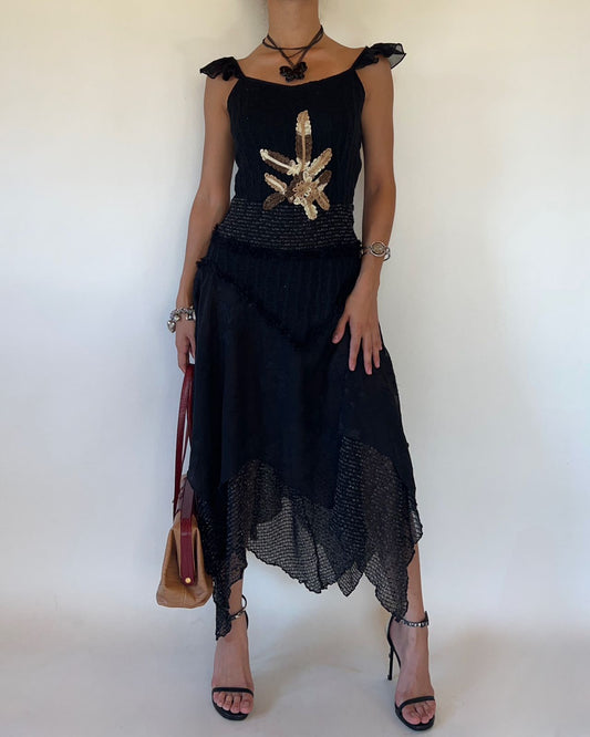Black knitted chiffon unsymmetric dress