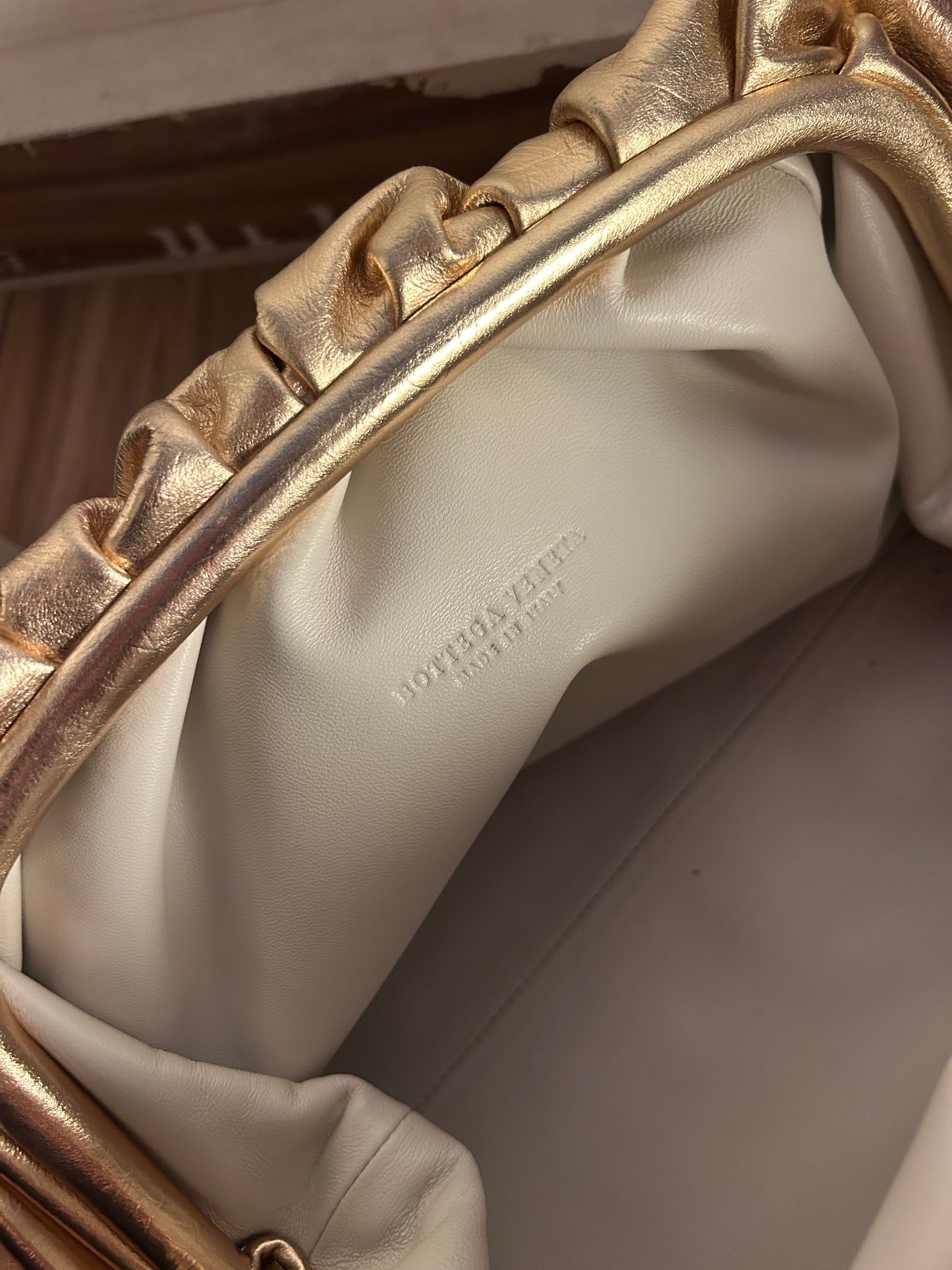 Bottega Veneta gold clutch leather crinkled bag