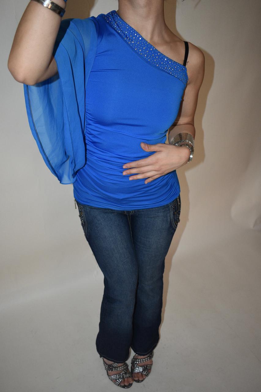 Y2k one sleeve blue ruched top