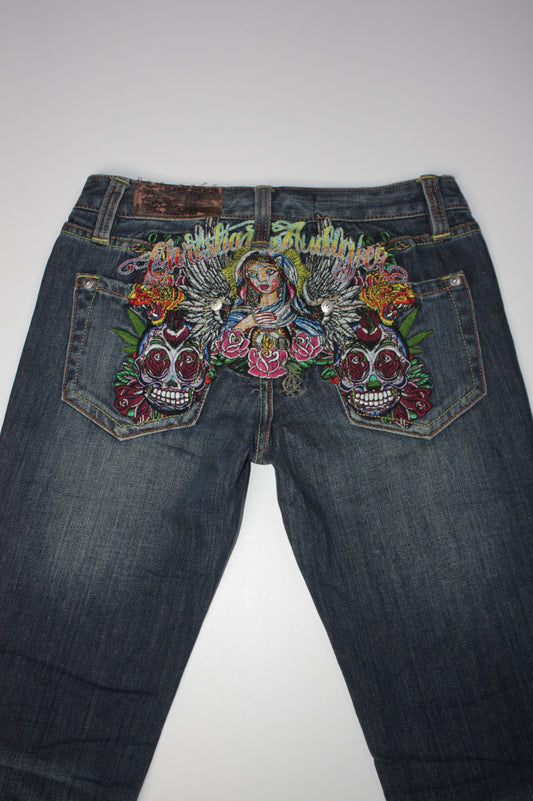 Christian Audigier rare 2000s archive virgin mary embroidered low waist jeans
