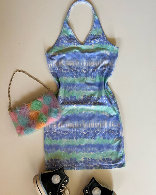 Hawaiian halter fitted mini y2k dress