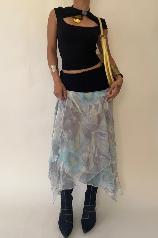 Floral unsymmetric mesh maxi skirt