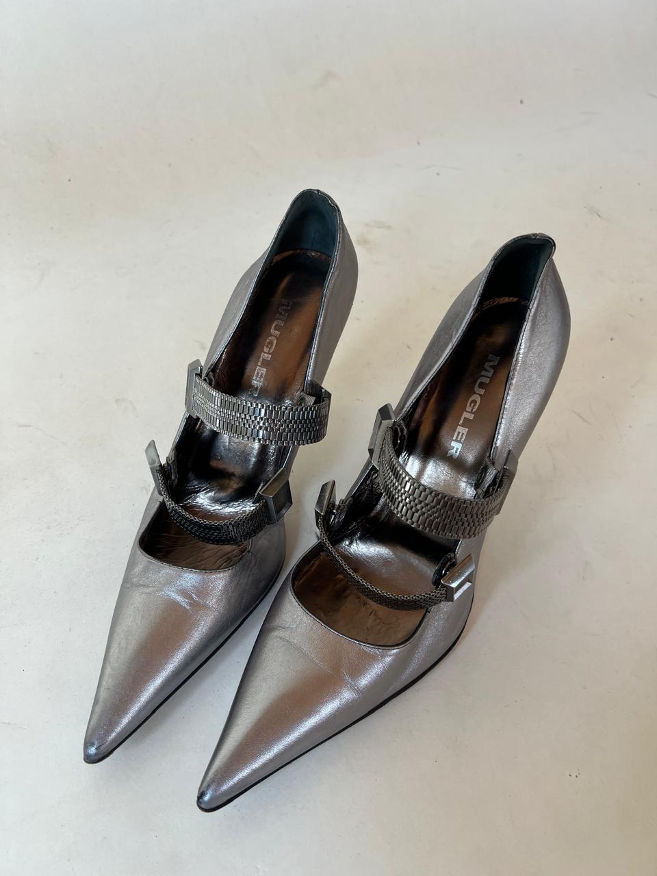 Mugler silver chrome pointed heels