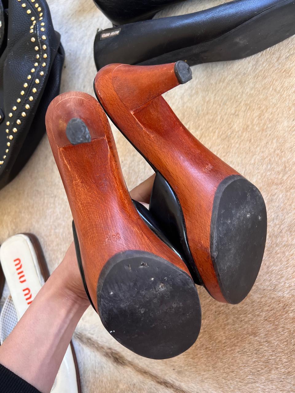 Miu Miu black patent leather wooden heels