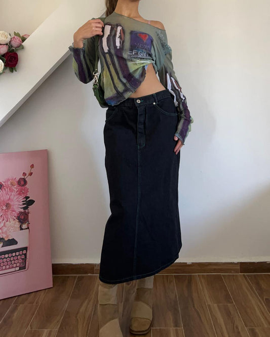 Black light denim maxi skirt