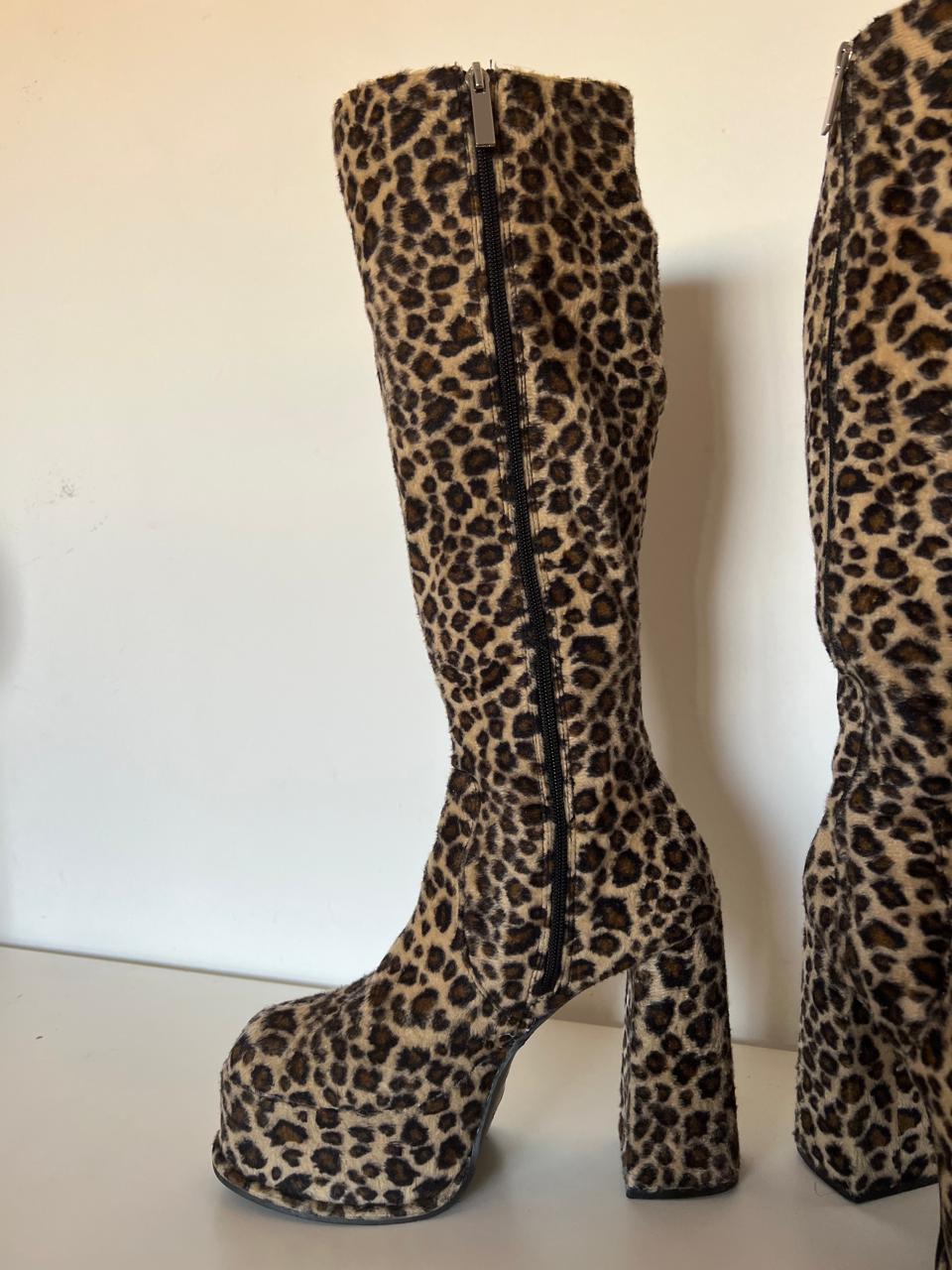 Shelly London Dolls kill animal print chunky fuzzy knee high heeled boots