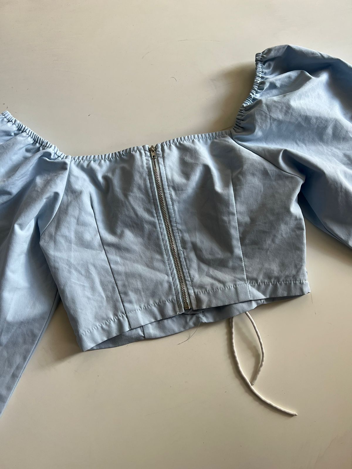 Linen lace up puff sleeve cropped top