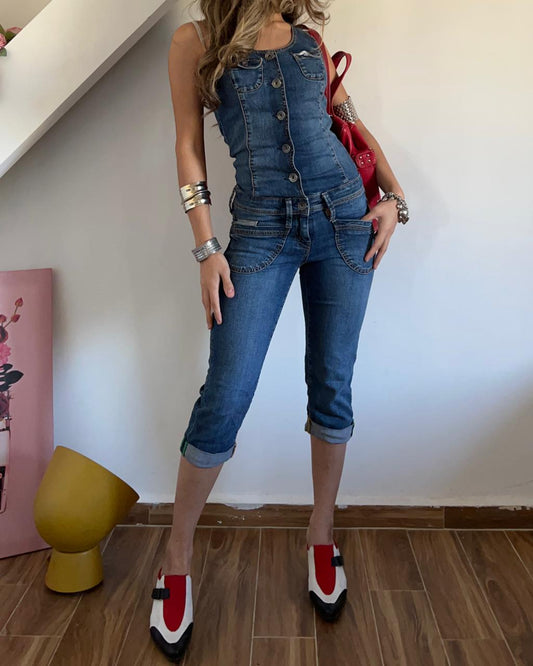 Y2k Denim capri button up jumpsuit