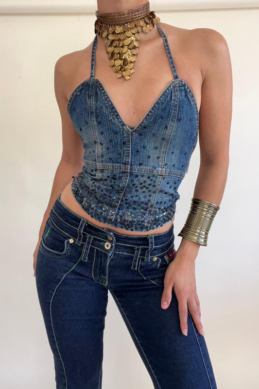 Y2k denim sequin halter backless top
