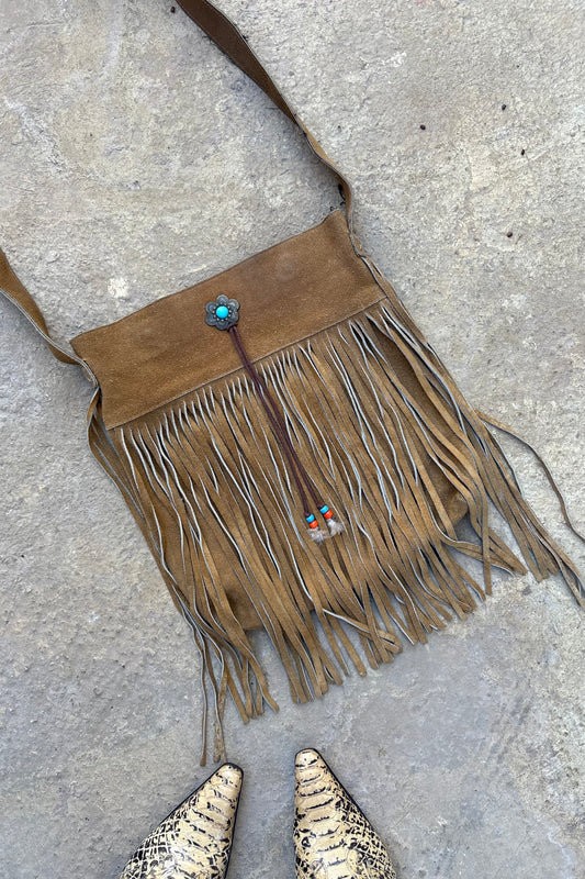 Suede leather fringed crossbody bag