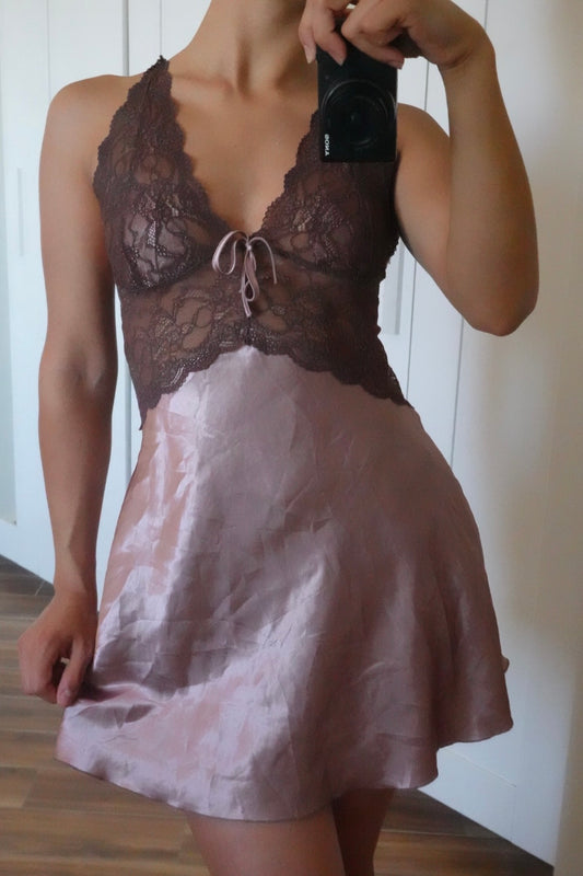 Lace satin slip on mini dress