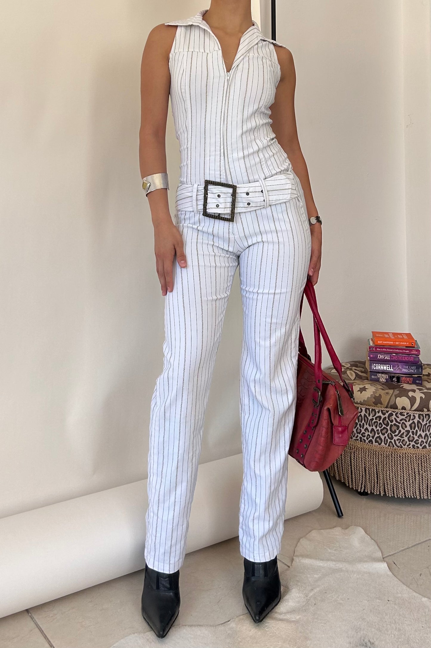 Y2k striped belted half zip up jumpsuit