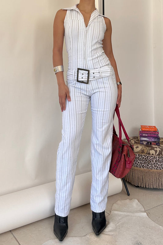 Y2k striped belted half zip up jumpsuit