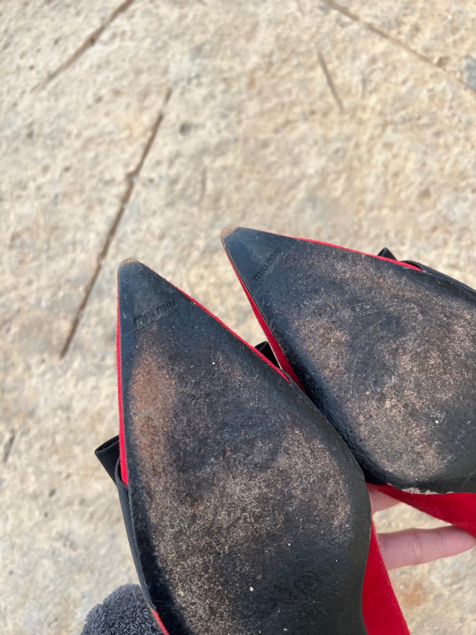 Miu Miu suede red pointy bow flats