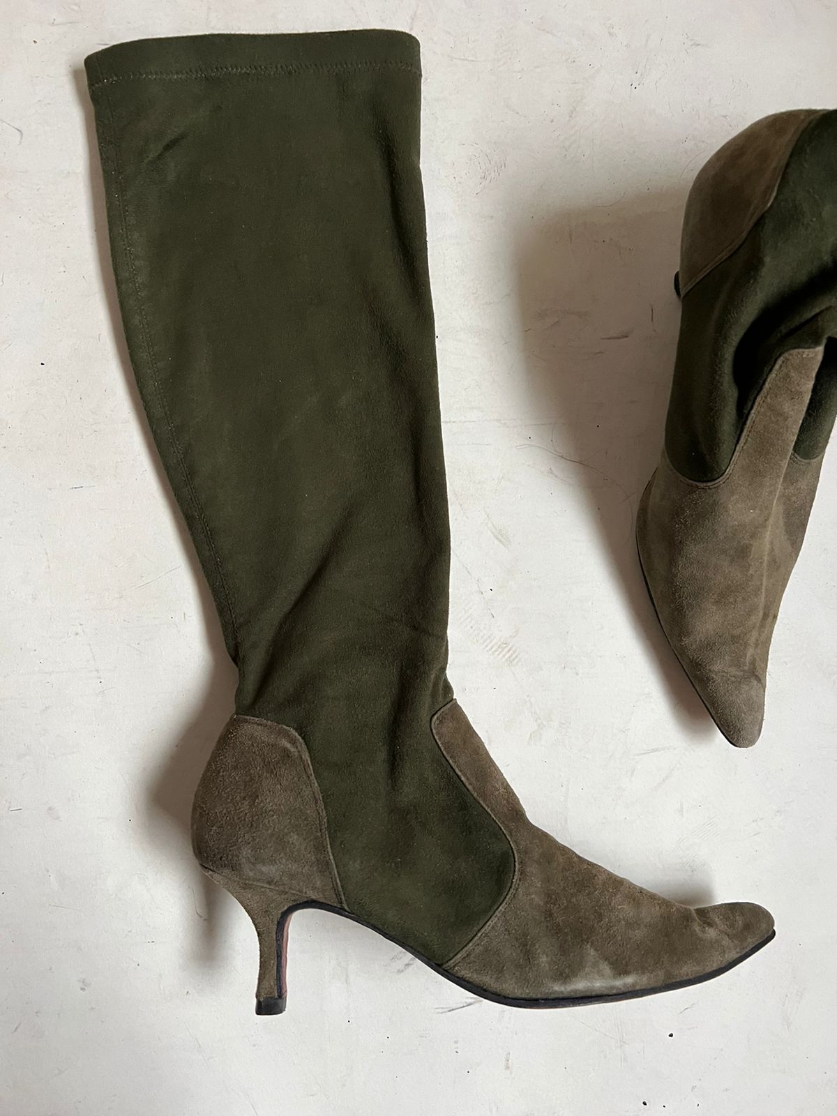 suede khaki knee high pointed heeled boots